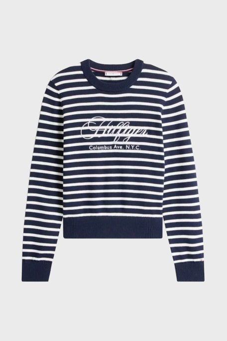 Tommy Hilfiger Pamuklu Regular Fit Bisiklet Yaka Çizgili Bayan Kazak WW0WW47304 0BI LACİVERT - Tommy Hilfiger (1)