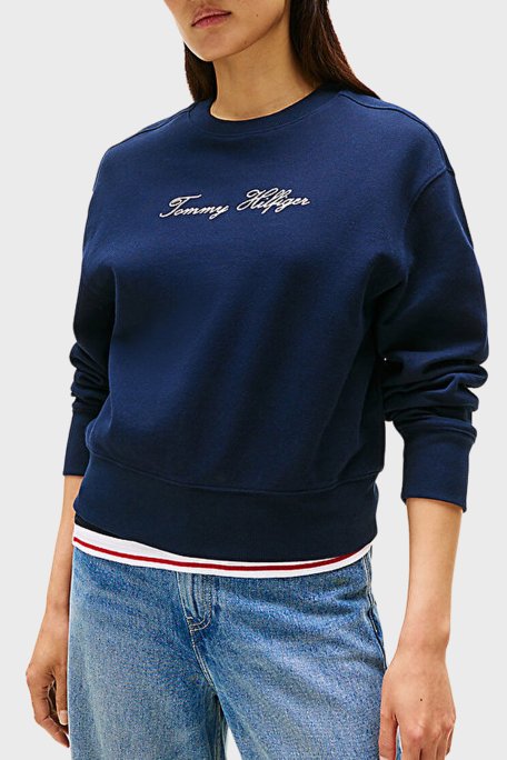 Tommy Hilfiger Pamuklu Regular Fit Bisiklet Yaka Logolu Bayan Sweat WW0WW47159 C1G LACİVERT - Tommy Hilfiger