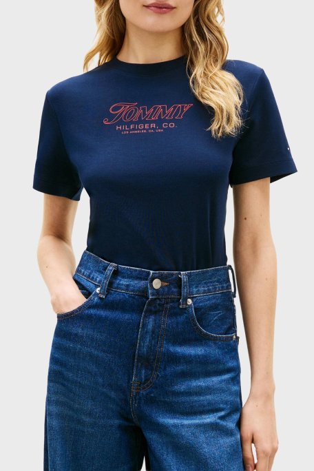 Tommy Hilfiger Pamuklu Regular Fit Bisiklet Yaka Logolu Bayan T Shirt WW0WW48707 C1G LACİVERT - Tommy Hilfiger