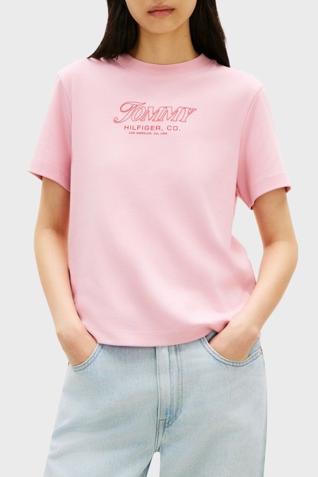 Tommy Hilfiger Pamuklu Regular Fit Bisiklet Yaka Logolu Bayan T Shirt WW0WW48707 TPG AÇIK PEMBE - Tommy Hilfiger