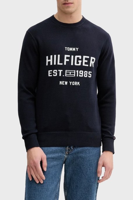 Tommy Hilfiger Pamuklu Regular Fit Bisiklet Yaka Logolu Erkek Kazak MW0MW39533 DW5 LACİVERT - Tommy Hilfiger