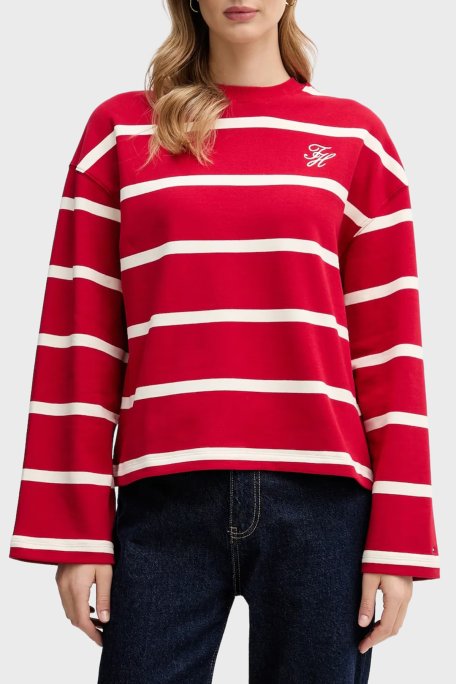 Tommy Hilfiger Pamuklu Regular Fit Çizgili Bisiklet Yaka Bayan Sweat WW0WW48431 0E2 KIRMIZI-BEYAZ - Tommy Hilfiger