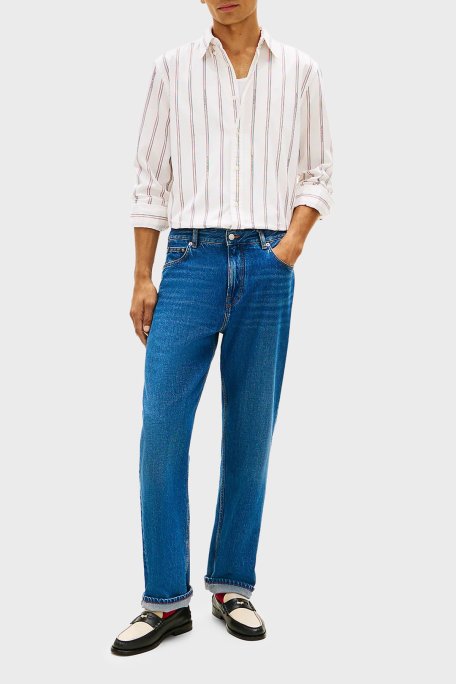 Tommy Hilfiger Pamuklu Regular Fit Çizgili Logo Detaylı Uzun Kollu Erkek Gömlek MW0MW41693 0K4 BEYAZ - Tommy Hilfiger