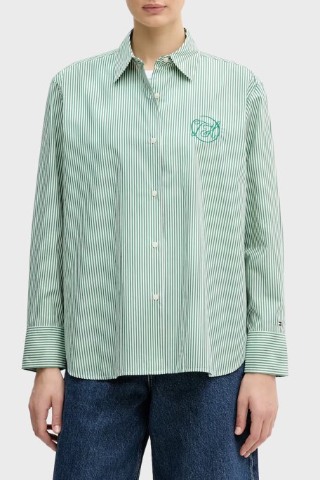 Tommy Hilfiger Pamuklu Regular Fit Çizgili Uzun Kollu Bayan Gömlek WW0WW48190 0CD YEŞİL - Tommy Hilfiger