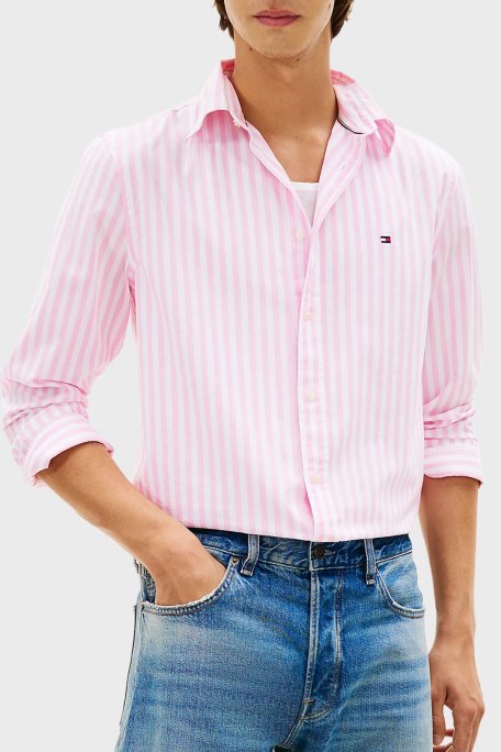 Tommy Hilfiger Pamuklu Regular Fit Çizgili Uzun Kollu Erkek Gömlek MW0MW42440 0D1 PEMBE-BEYAZ - Tommy Hilfiger