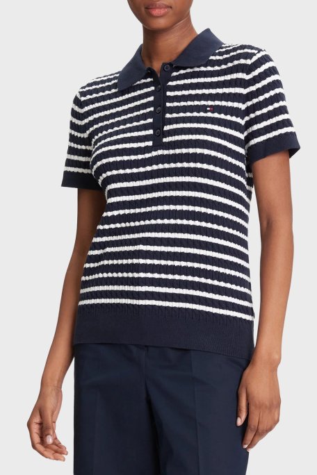 Tommy Hilfiger Pamuklu Regular Fit Düğmeli Polo Yaka Çizgili Kısa Kollu Bayan Kazak WW0WW41474 0BB LACİVERT - Tommy Hilfiger