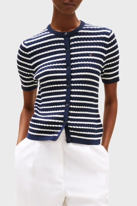 Tommy Hilfiger Pamuklu Regular Fit Kısa Kollu Bisiklet Yaka Kısa Örgü Bayan Hırka WW0WW45707 0BB LACİVERT-BEYAZ - Tommy Hilfiger