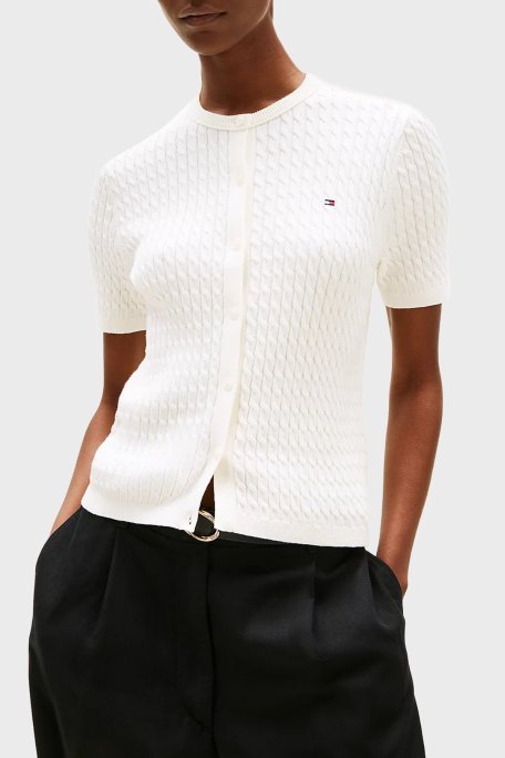 Tommy Hilfiger Pamuklu Regular Fit Kısa Kollu Bisiklet Yaka Kısa Örgü Bayan Hırka WW0WW45707 YA8 BEYAZ - Tommy Hilfiger