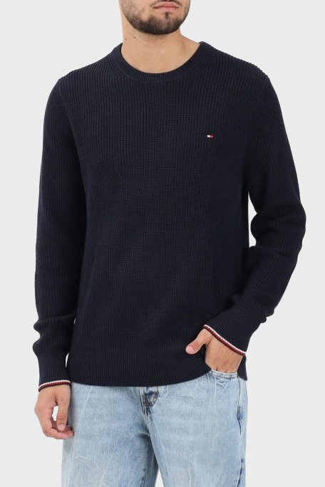 Tommy Hilfiger Pamuklu Regular Fit Logolu Bisiklet Yaka Erkek Kazak MW0MW41516 DW5 LACİVERT - Tommy Hilfiger