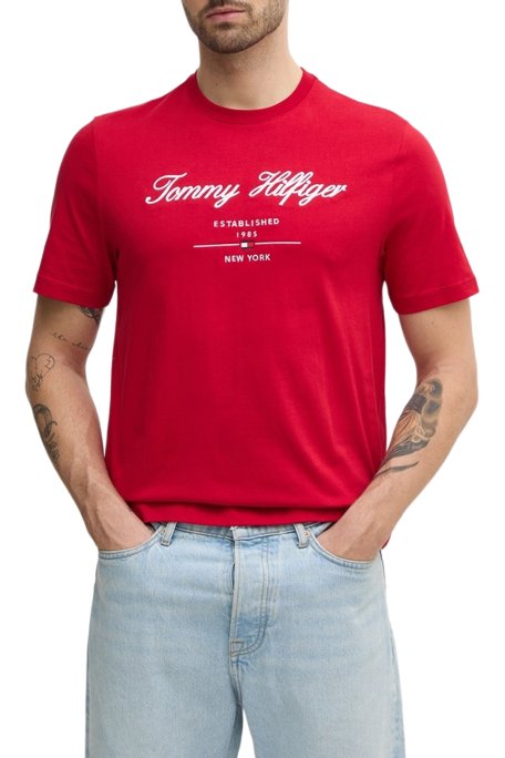 Tommy Hilfiger Pamuklu Regular Fit Logolu Bisiklet Yaka Erkek T Shirt MW0MW33691 XLD KIRMIZI - Tommy Hilfiger