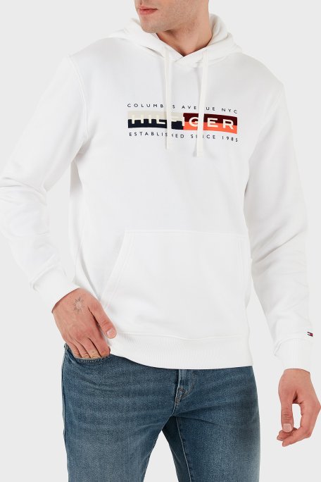 Tommy Hilfiger Pamuklu Regular Fit Logolu Kapüşon Yaka Erkek Sweat MW0MW40041 YBR BEYAZ - Tommy Hilfiger