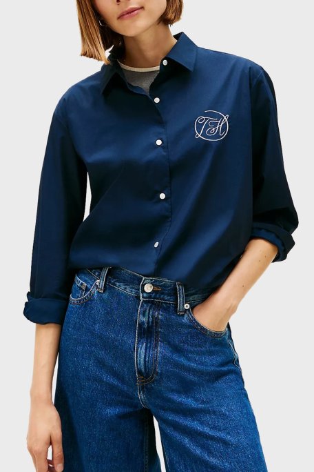 Tommy Hilfiger Pamuklu Regular Fit Logolu Uzun Kollu Bayan Gömlek WW0WW48190 C1G LACİVERT - Tommy Hilfiger