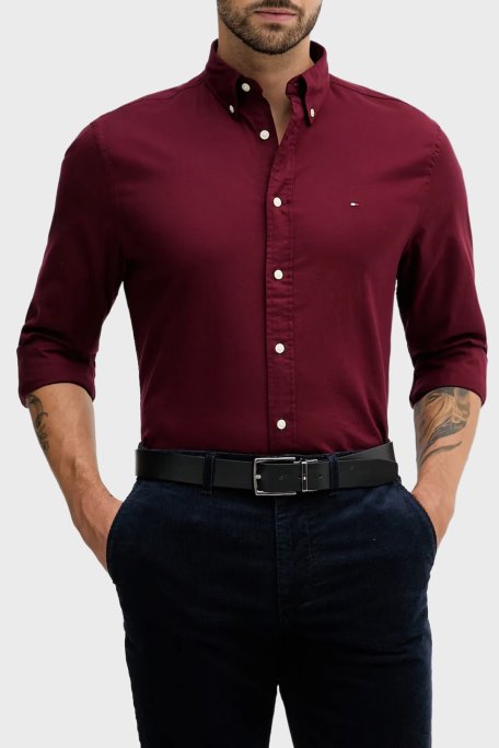 Tommy Hilfiger Pamuklu Regular Fit Logolu Uzun Kollu Erkek Gömlek MW0MW40469 VLP BORDO - Tommy Hilfiger