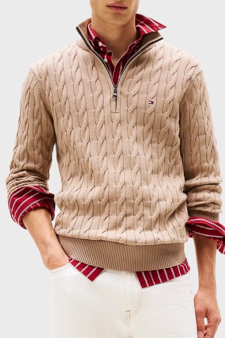 Tommy Hilfiger Pamuklu Regular Fit Yarım Fermuarlı Dik Yaka Erkek Kazak MW0MW36532 AFE BEJ - Tommy Hilfiger