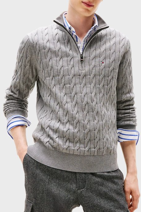 Tommy Hilfiger Pamuklu Regular Fit Yarım Fermuarlı Dik Yaka Erkek Kazak MW0MW36532 P91 GRİ - Tommy Hilfiger