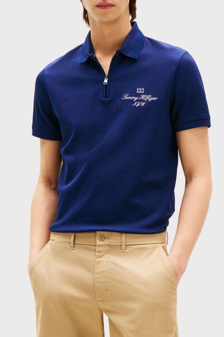 Tommy Hilfiger Pamuklu Regular Fit Yarım Fermuarlı Erkek Polo Yaka T Shirt MW0MW39550 C7G MAVİ - Tommy Hilfiger