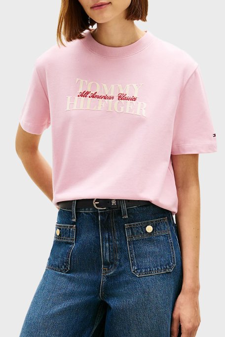 Tommy Hilfiger Pamuklu Relaxed Fit Logolu Bisiklet Yaka Bayan T Shirt WW0WW47884 TPG AÇIK PEMBE - Tommy Hilfiger