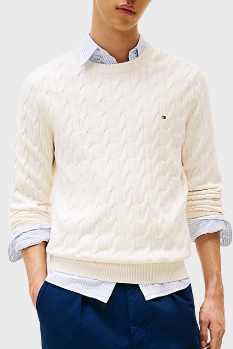 Tommy Hilfiger Pamuklu Relaxed Fit Örgülü Bisiklet Yaka Erkek Kazak MW0MW33132 Z00 AÇIK BEJ - Tommy Hilfiger