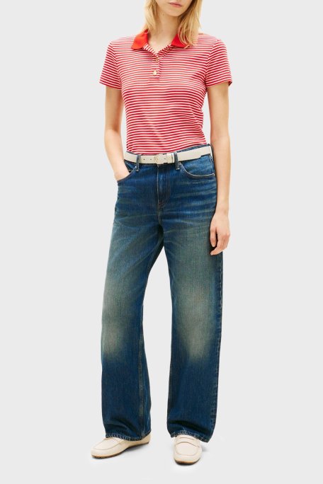 Tommy Hilfiger Pamuklu Slim Fit Düğmeli Bayan Polo Yaka T Shirt WW0WW49252 0EY KIRMIZI-BEYAZ - Tommy Hilfiger