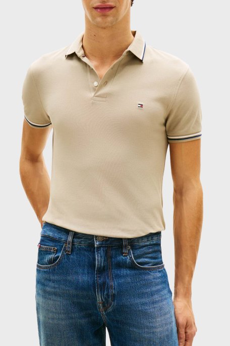 Tommy Hilfiger Pamuklu Slim Fit Düğmeli Erkek Polo Yaka T Shirt MW0MW39993 RBT KUM - Tommy Hilfiger