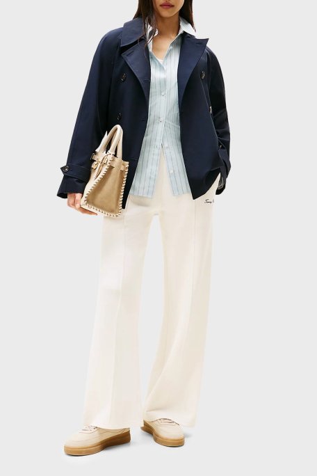 Tommy Hilfiger Pamuklu Straight Fit Normal Bel Düz Paça Bayan Pantolon WW0WW45744 YA8 BEYAZ - Tommy Hilfiger