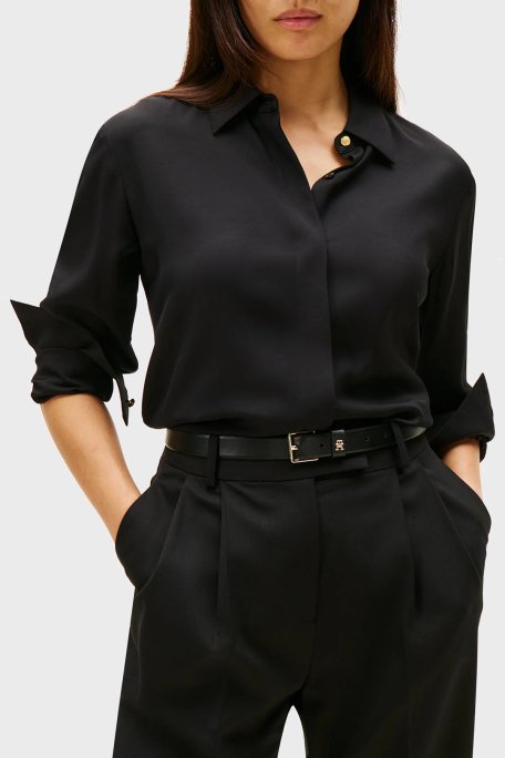 Tommy Hilfiger Regular Fit Klasik Yaka Uzun Kollu Bayan Gömlek WW0WW46597 BDS SİYAH - Tommy Hilfiger