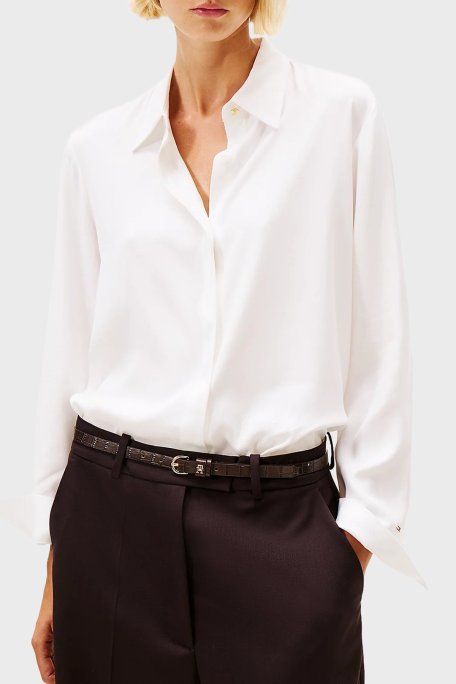 Tommy Hilfiger Regular Fit Klasik Yaka Uzun Kollu Bayan Gömlek WW0WW46597 YBL BEYAZ - Tommy Hilfiger