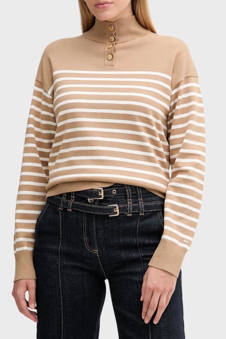 Tommy Hilfiger Şeritli Pamuklu Regular Fit Düğmeli Balıkçı Yaka Bayan Kazak WW0WW47467 0AF BEJ - Tommy Hilfiger