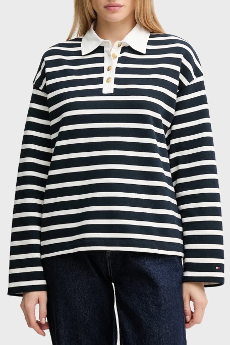 Tommy Hilfiger Şeritli Pamuklu Relaxed Fit Düğmeli Bayan Polo Yaka Sweat WW0WW47457 0Y7 LACİVERT-BEYAZ - Tommy Hilfiger