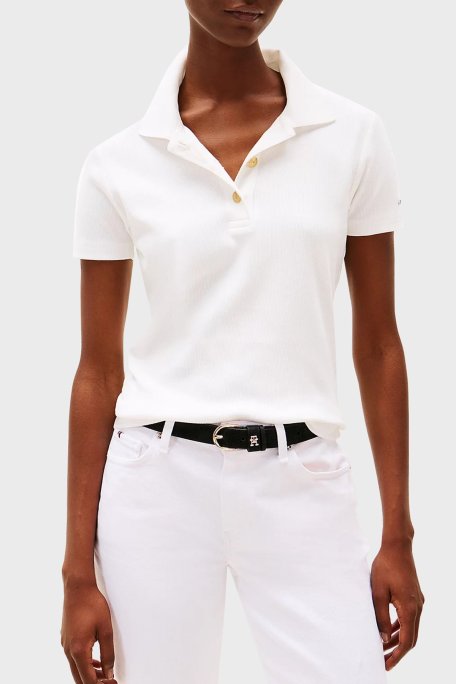 Tommy Hilfiger Streç Pamuklu Slim Fit Gold Düğmeli Bayan Polo Yaka T Shirt WW0WW45436 YBL BEYAZ - Tommy Hilfiger