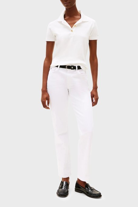 Tommy Hilfiger Streç Pamuklu Slim Fit Gold Düğmeli Bayan Polo Yaka T Shirt WW0WW45436 YBL BEYAZ - Tommy Hilfiger (1)