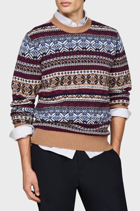 Tommy Hilfiger Yün Karışımlı Regular Fit Bisiklet Yaka Desenli Erkek Kazak MW0MW37026 0HD KAHVE - Tommy Hilfiger