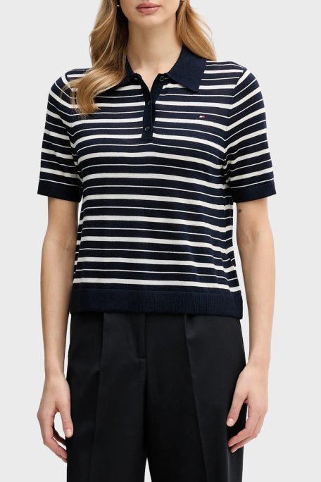 Tommy Hilfiger Yün ve İpek Karışımlı Çizgili Düğmeli Polo Yaka Bayan Kazak WW0WW48450 0A6 LACİVERT - Tommy Hilfiger