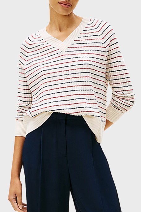 Tommy Hilfiger Yün ve Kaşmir Karışımlı Relaxed Fit V Yaka Bayan Kazak WW0WW46417 0FH BEYAZ-LACİVERT - Tommy Hilfiger