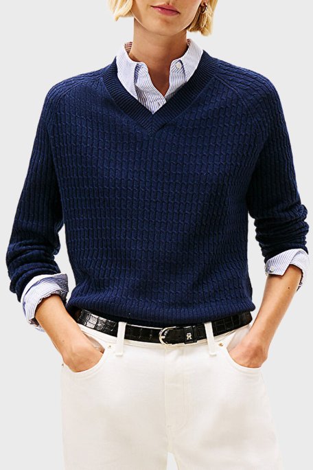 Tommy Hilfiger Yün ve Kaşmir Karışımlı Relaxed Fit V Yaka Bayan Kazak WW0WW46417 0Z0 LACİVERT - Tommy Hilfiger