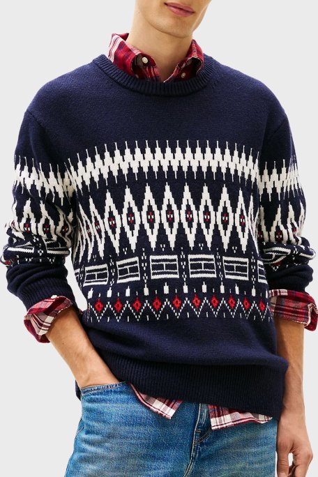 Tommy Hilfiger Yünlü Regular Fit Bisiklet Yaka Erkek Kazak MW0MW40844 0A4 LACİVERT-BEYAZ - Tommy Hilfiger