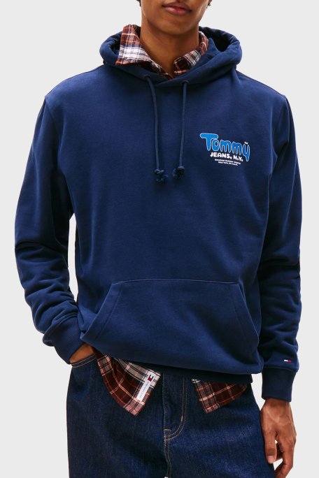 Tommy Jeans % 100 Pamuk Logolu Regular Fit Kapüşonlu Erkek Sweat DM0DM22086 C1G LACİVERT - Tommy Jeans