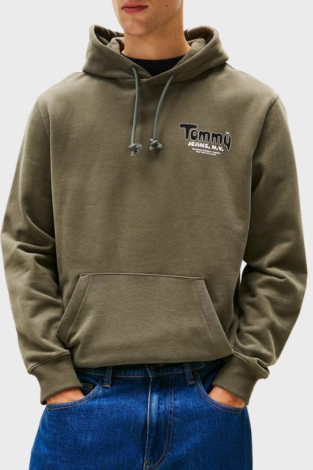 Tommy Jeans % 100 Pamuk Logolu Regular Fit Kapüşonlu Erkek Sweat DM0DM22086 MRH KOYU YEŞİL - Tommy Jeans