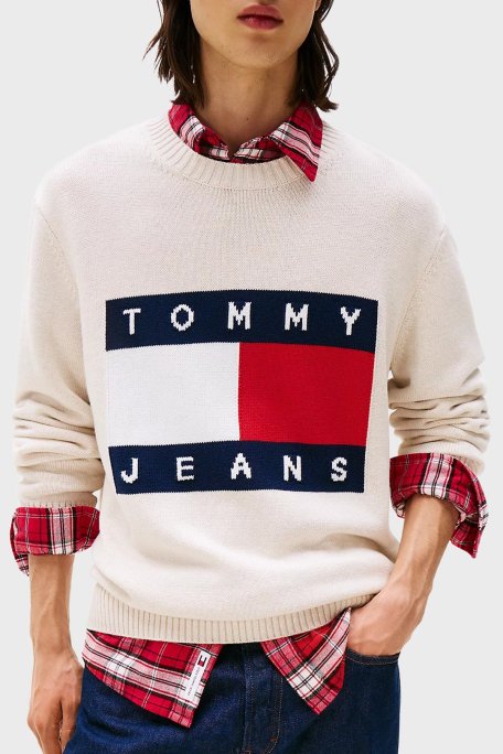 Tommy Jeans % 100 Pamuk Regular Fit Bisiklet Yaka Logolu Erkek Kazak DM0DM22105 AFN BEJ - Tommy Jeans