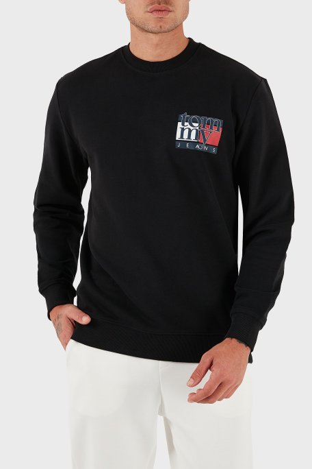 Tommy Jeans % 100 Pamuk Regular Fit Bisiklet Yaka Logolu Erkek Sweat DM0DM22093 BDS SİYAH - Tommy Jeans