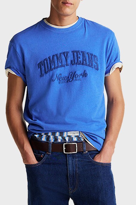 Tommy Jeans % 100 Pamuk Regular Fit Bisiklet Yaka Logolu Erkek T Shirt DM0DM20356 C6E MAVİ - Tommy Jeans