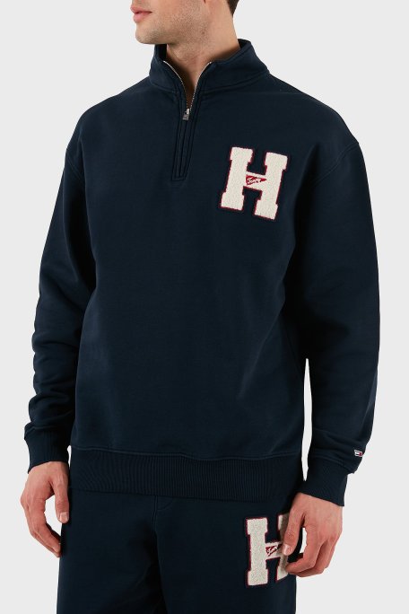 Tommy Jeans % 100 Pamuk Relaxed Fit Yarım Fermuarlı Dik Yaka Erkek Sweat DM0DM21263 DYY LACİVERT - Tommy Jeans