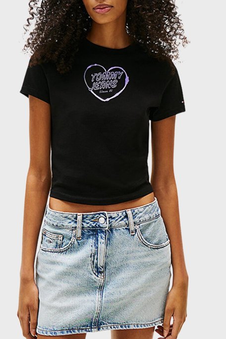 Tommy Jeans % 100 Pamuk Slim Fit Bisiklet Yaka Logolu Bayan T Shirt DW0DW21390 BDS SİYAH - Tommy Jeans