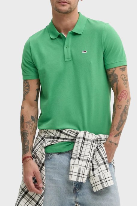 Tommy Jeans % 100 Pamuk Slim Fit Düğmeli Erkek Polo Yaka T Shirt DM0DM20676 LY3 YEŞİL-MAVİ - Tommy Jeans