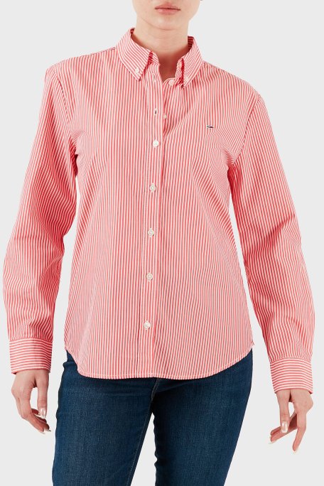 Tommy Jeans Çizgili % 100 Pamuk Regular Fit Düğmeli Yaka Bayan Gömlek DW0DW20290 0D4 PEMBE - Tommy Jeans