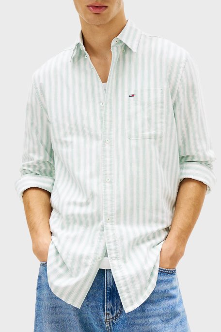 Tommy Jeans Çizgili Pamuklu Regular Fit Uzun Kollu Erkek Gömlek DM0DM22790 L5Y YEŞİL - Tommy Jeans