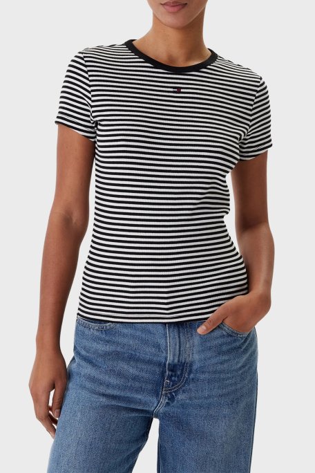 Tommy Jeans Çizgili Pamuklu Slim Fit Bisiklet Yaka Bayan T Shirt DW0DW17383 0AQ SİYAH-EKRU - Tommy Jeans