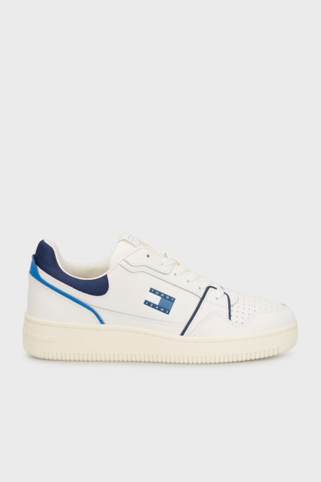 Tommy Jeans Deri Karışımlı Logolu Sneaker Erkek Ayakkabı EM0EM01610 DW4 BEYAZ-LACİVERT - Tommy Jeans