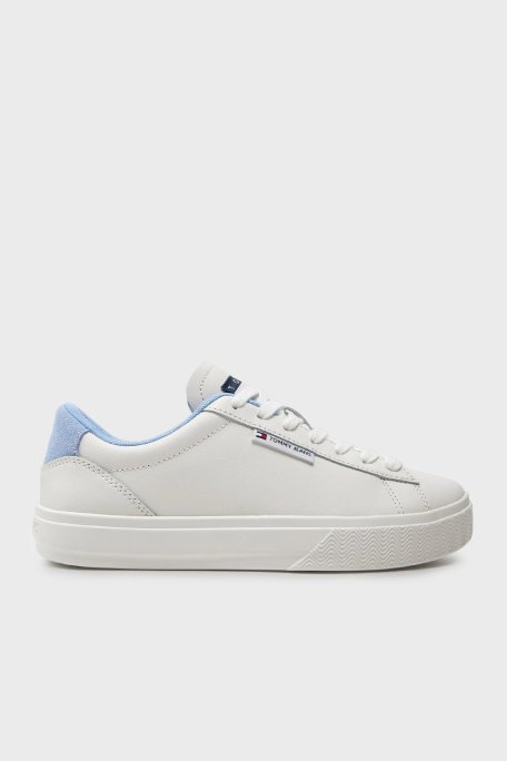 Tommy Jeans Deri Logolu Sneaker Bayan Ayakkabı EN0EN02508 C12 BEYAZ-AÇIK MAVİ - Tommy Jeans