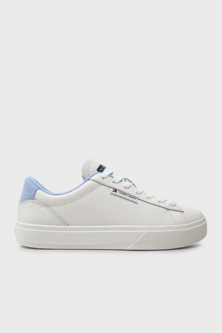 Tommy Jeans Deri Logolu Sneaker Kadın Ayakkabı EN0EN02508 C12 BEYAZ-AÇIK MAVİ - Tommy Jeans